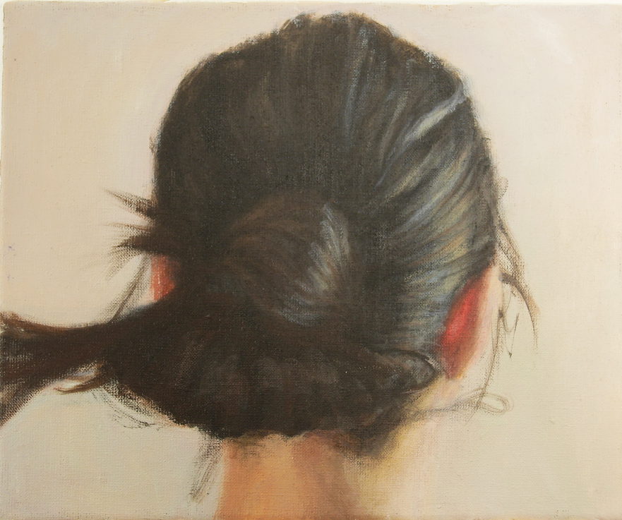 In the painting of Berlin artist Jana Jacob the back of a woman with long dark hair is depicted.