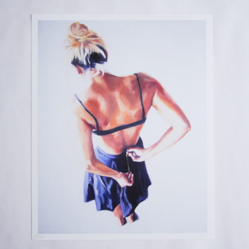 Hand signed art print of an original painting of the back of a woman closing her skirt by the Berlin painter Jana Jacob.