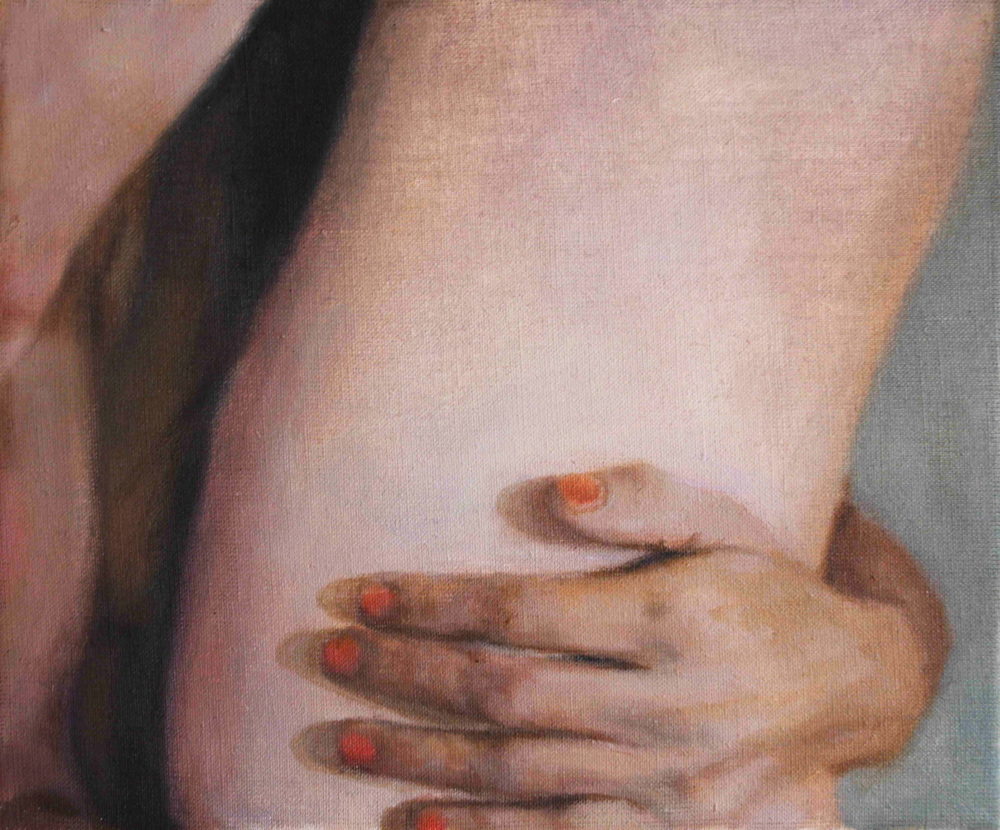 In the acrylic painting of Berlin artist Jana Jacob a hand is holding the upper body of a person.