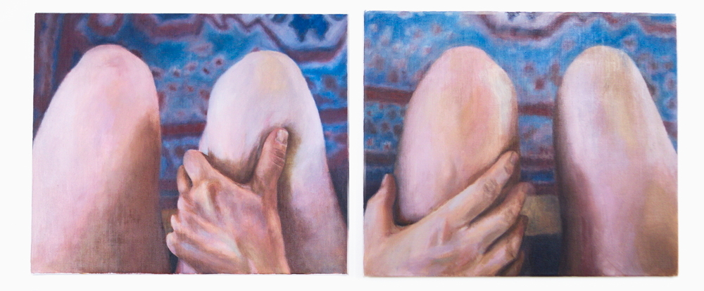 In her acrylic paintings Berlin artist Jana Jacob depicts a foreign hand on the thighs