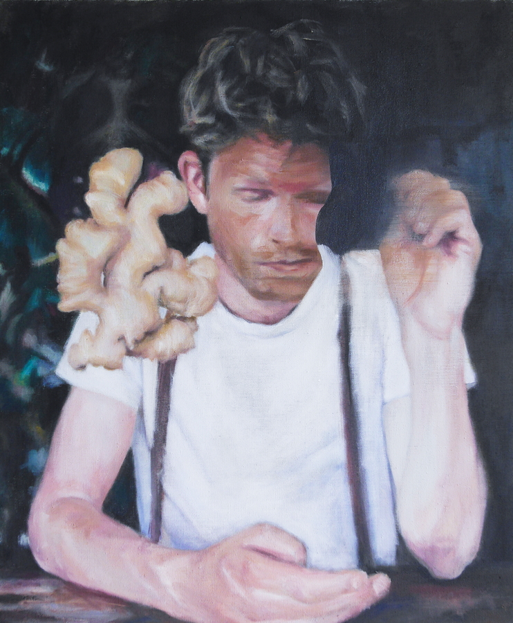 In her oil painting Berlin artist Jana Jacob depicts a young man with a floating ginger.
