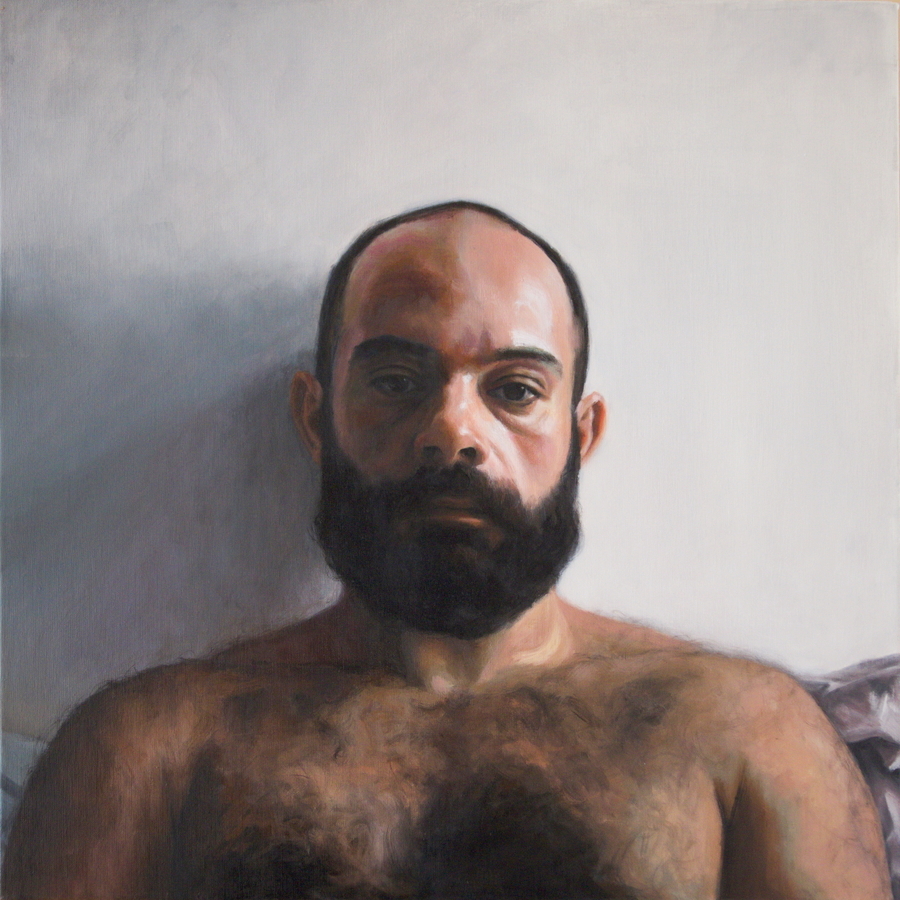 In this acrylic painting the Berlin painter Jana Jacob depicts a young man on his sofa in his home.