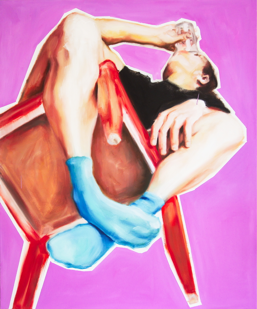 In her oil painting, Berlin artist Jana Jacob shows a woman drinking from below on a red chair.